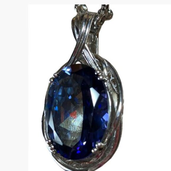 Handcrafted Multifaceted Simulated Sapphire With Silver Plated Chain - Picture 3 of 10